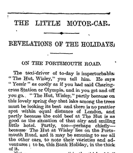 Headline from ""The Little Motor-Car. Revelations of the Holidays. On the Portsmouth Road." The Times, 14 April 1914, p10.