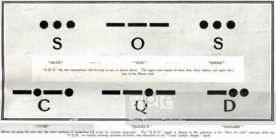 Morse Code Signals: SOS and CQD. The illustration shows the dashes and dots that make up the international call for help at sea.  Image available in the public domain.